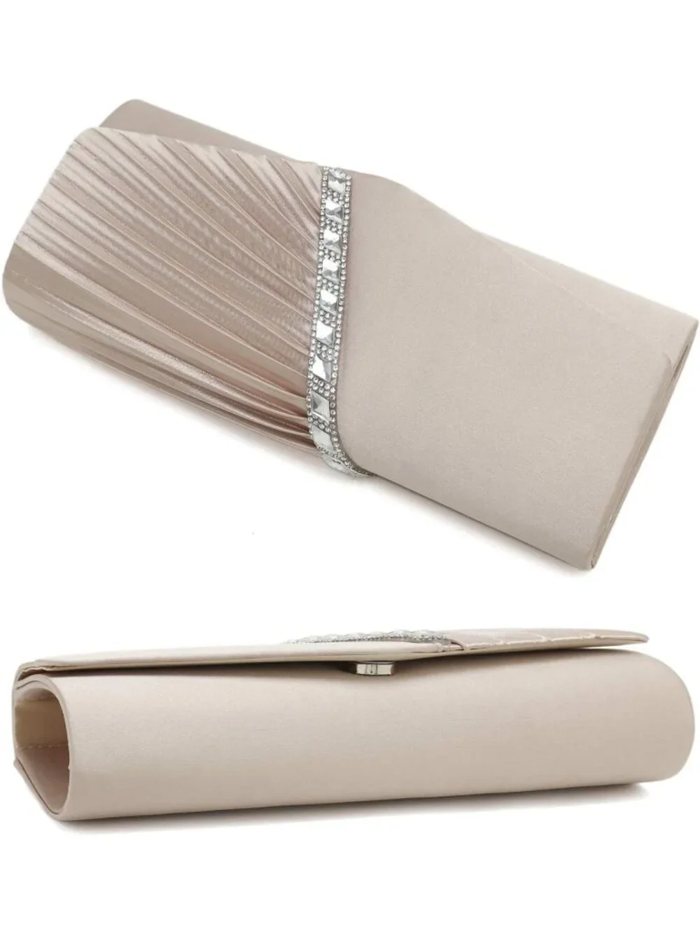 Women's Champagne Crystal Embellished Pleated Satin Clutch Purse For Evening Bag